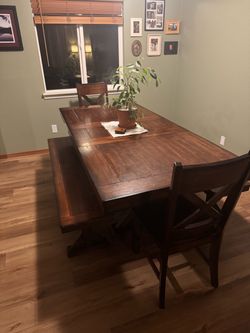 Dining table, benches, chairs