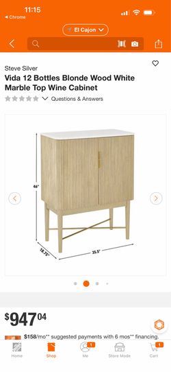 Steve Silver Vida 12 Bottles Blonde Wood White Marble Top Wine Cabinet