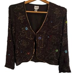 CHICO’S Y2K Vintage Black Silk Beaded & Sequined Paisley Cardigan Topper Sz S 🤩