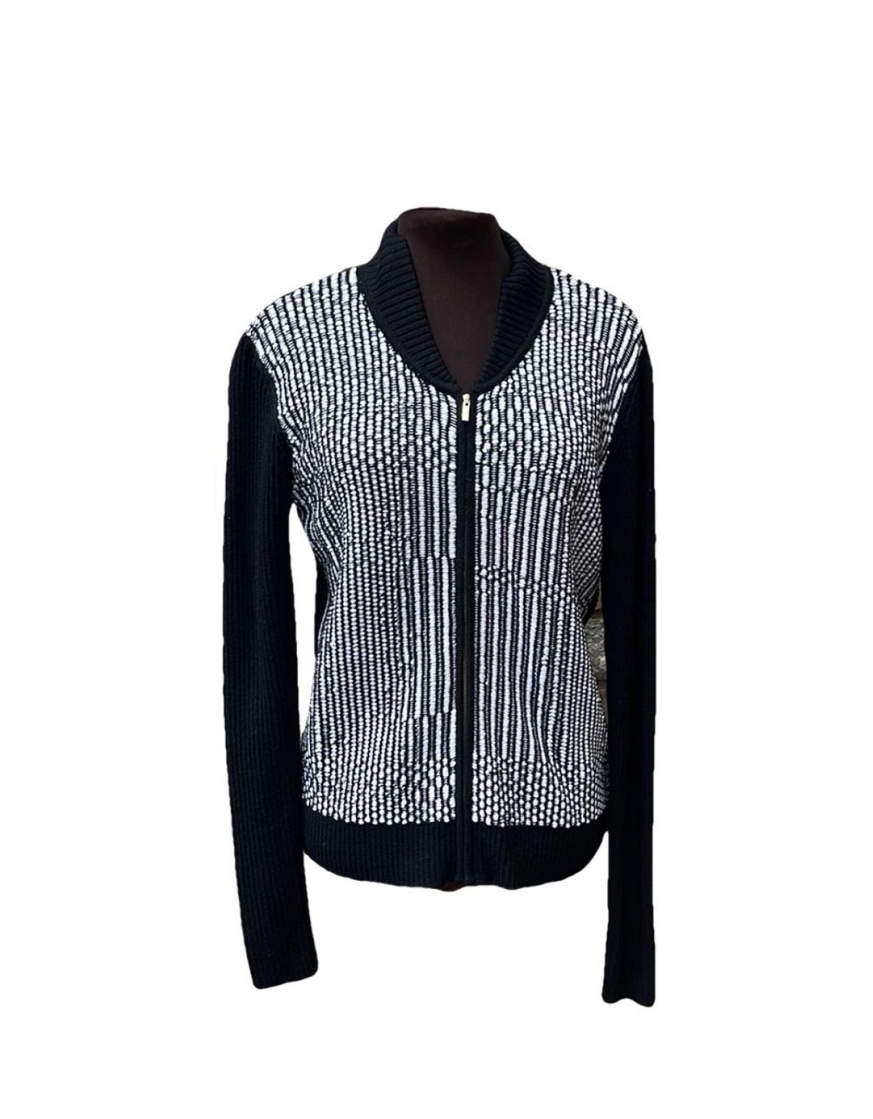 St. John Yellow Label Black&White Ribbed Textured Zip Knit Sweater Jacket Size M