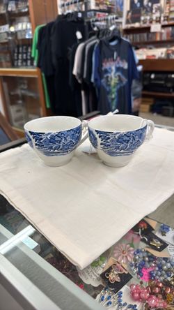 Vintage England Staffordshire historic colonial and White Transferware Teacups Set of 2