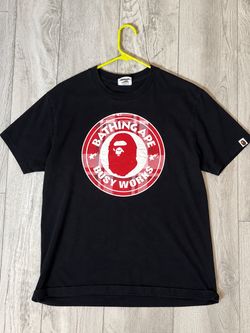 BAPE A Bathing Ape Logo Check Busy Works Tee Black Red Size M