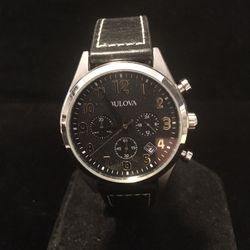 New Mens Bulova Chronograph Black Leather Band Watch 