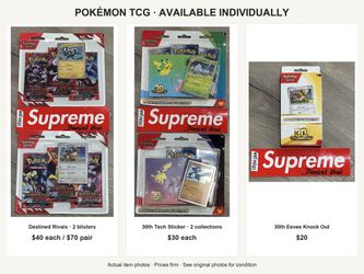 Pokemon Destined Rivals, 30th Tech Sticker & Eevee Knock Out — $20–40 Each