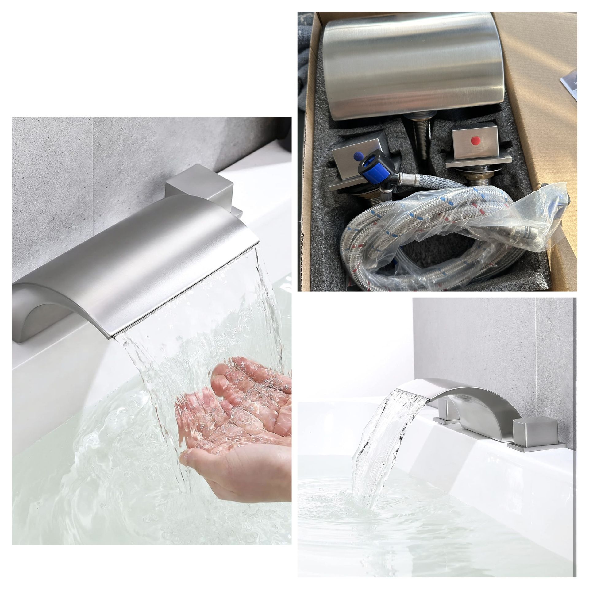 Roman Tub Faucet Brushed Nickel,2-Handle Widespread Bathtub Waterfall Faucet,Deck Mount Bathtub Faucet Tub Filler with Valve AK8002L