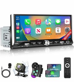 Single Din Radio Car Stereo with Wireless Carplay & Android Auto, 6.9" UHD Touchscreen Car Stereo with Bluetooth, 1080P Backup Camera Mirror Link Navi