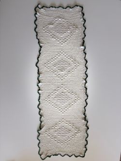 Vintage Handmade Filet Crochet Table Runner with Variegated Green & Purple Border (36” x 12”)