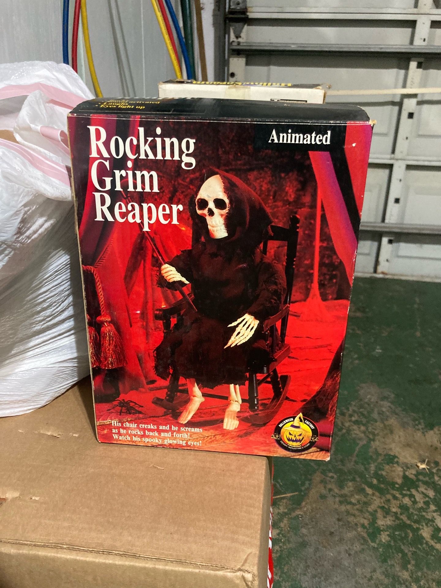 Vintage Halloween Rocking Grim Reaper Skeleton Decoration - Animated Rocking Motions - Sounds And Red Glowing Eyes
