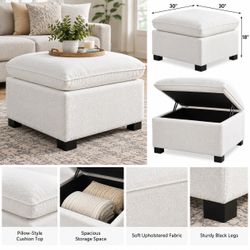 30” × 30” Storage Ottoman – Brand New Brand new 30” × 30” storage ottoman with a lift-up lid and spacious hidden storage inside.