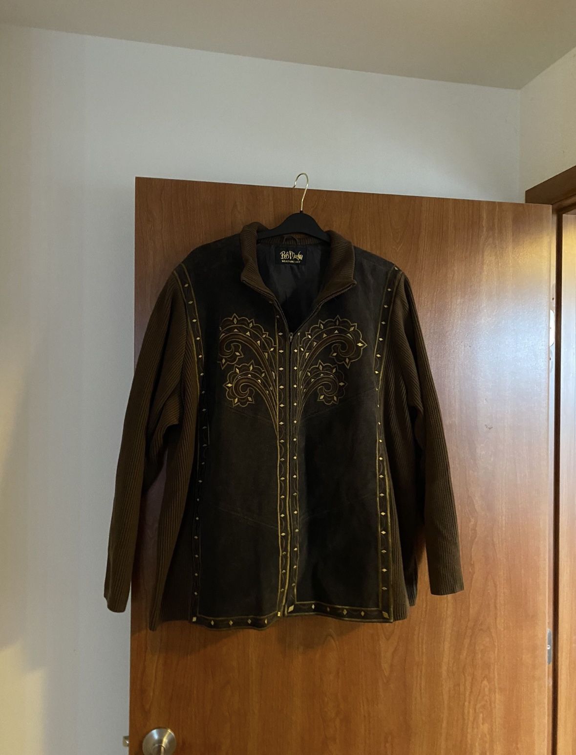 Vintage Bob Mackie Wearable Art Embroidered Suede Leather Knit Jacket 3XL