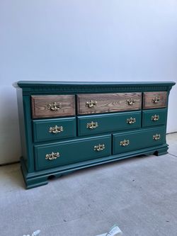 Refinished Vintage Dresser - Teal & Walnut Two-Tone, Solid Wood