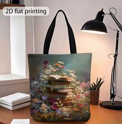 Books and Flowers Print Canvas Tote Bag
