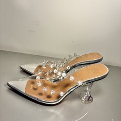 Transparent Crystal-Embellished Heels. Excellent Pre-owned Condition.