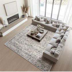 9x12 Area Rugs for Living Room Washable Non Slip Modern Large Rug Soft Faux Fur Low Pile Stain Resistant Vintage Euro Floral Boho Design Big Carpet Ru