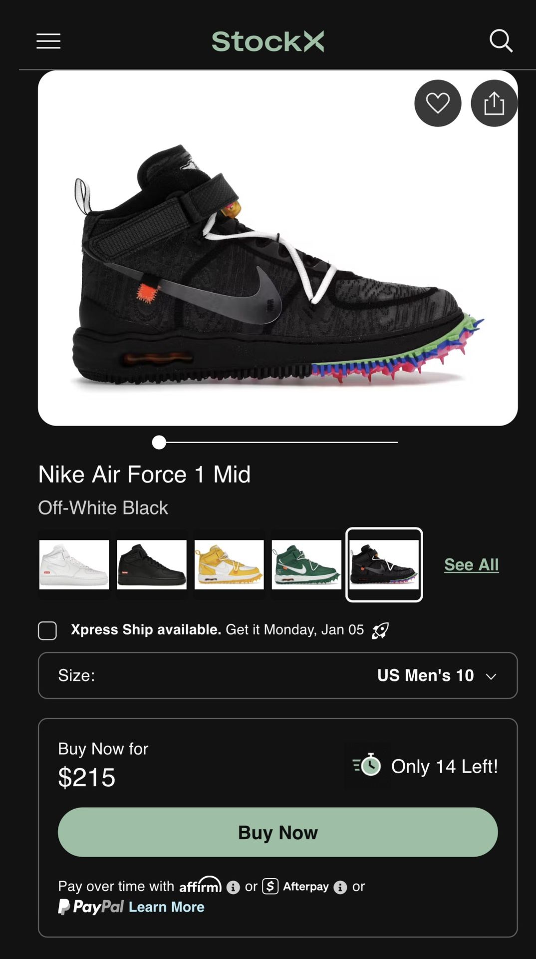 Off White Nike Air Force 1 Mid Size 10