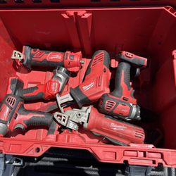 Milwaukee Pack out, Power Tools Drill Driver Sawzall Grinder Batteries, 6 Battery Charger, And Radio 