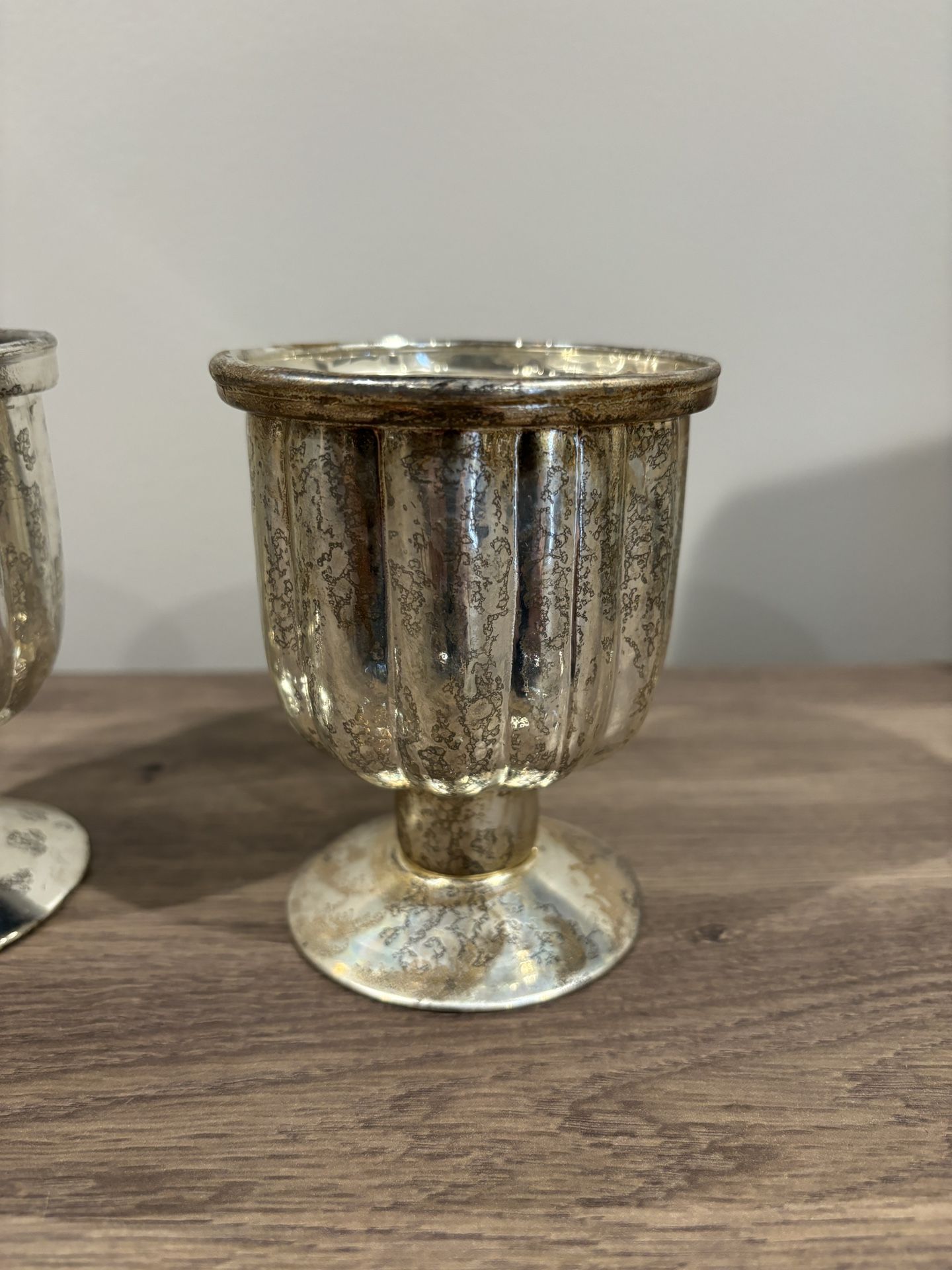 Antiqued Silver Mercury Glass Finish Pedestal Votive Candle Holders