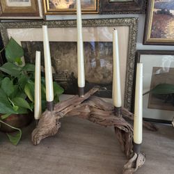 Vtg Driftwood Candelabra Organic Centerpiece Candle Holder Sculptural Live Edge Grapevine Coastal 