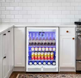 24 in. Auto Blue Lighting 240-Can Beverage Mini Refrigerator with 3-Removable Shelves Single Zone 4.9 cu. ft. in White