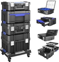 B924 $80  5 Tier Stackable Tool Box with Wheels,Rolling Tool Box with Drawers,Modular Tools Organizer,Portable Tool Box with Transparent Parts Box,Lar