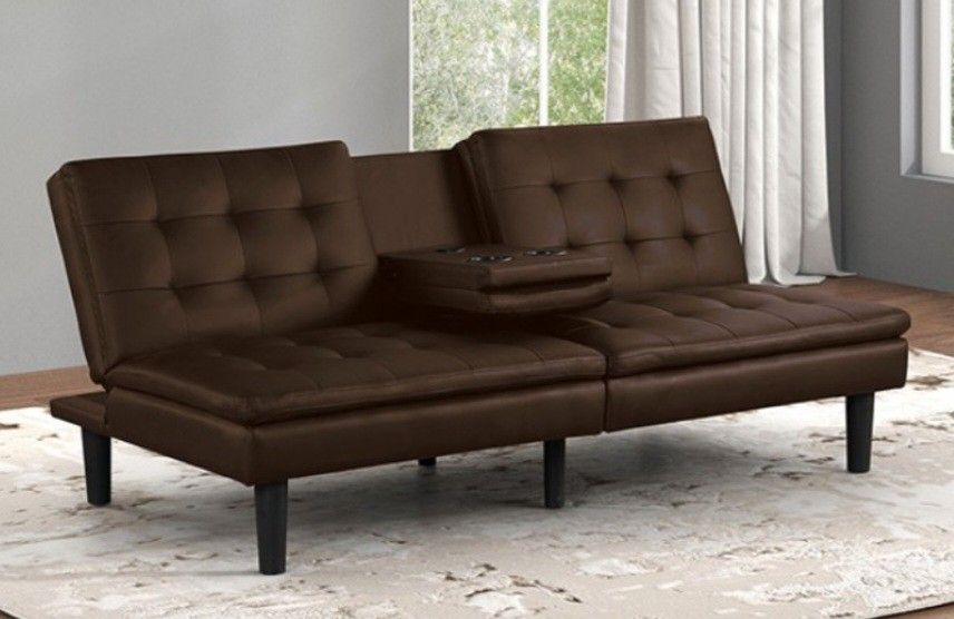 Brand New Brown Leather Futon Sofa Sleeper w Cup Holders