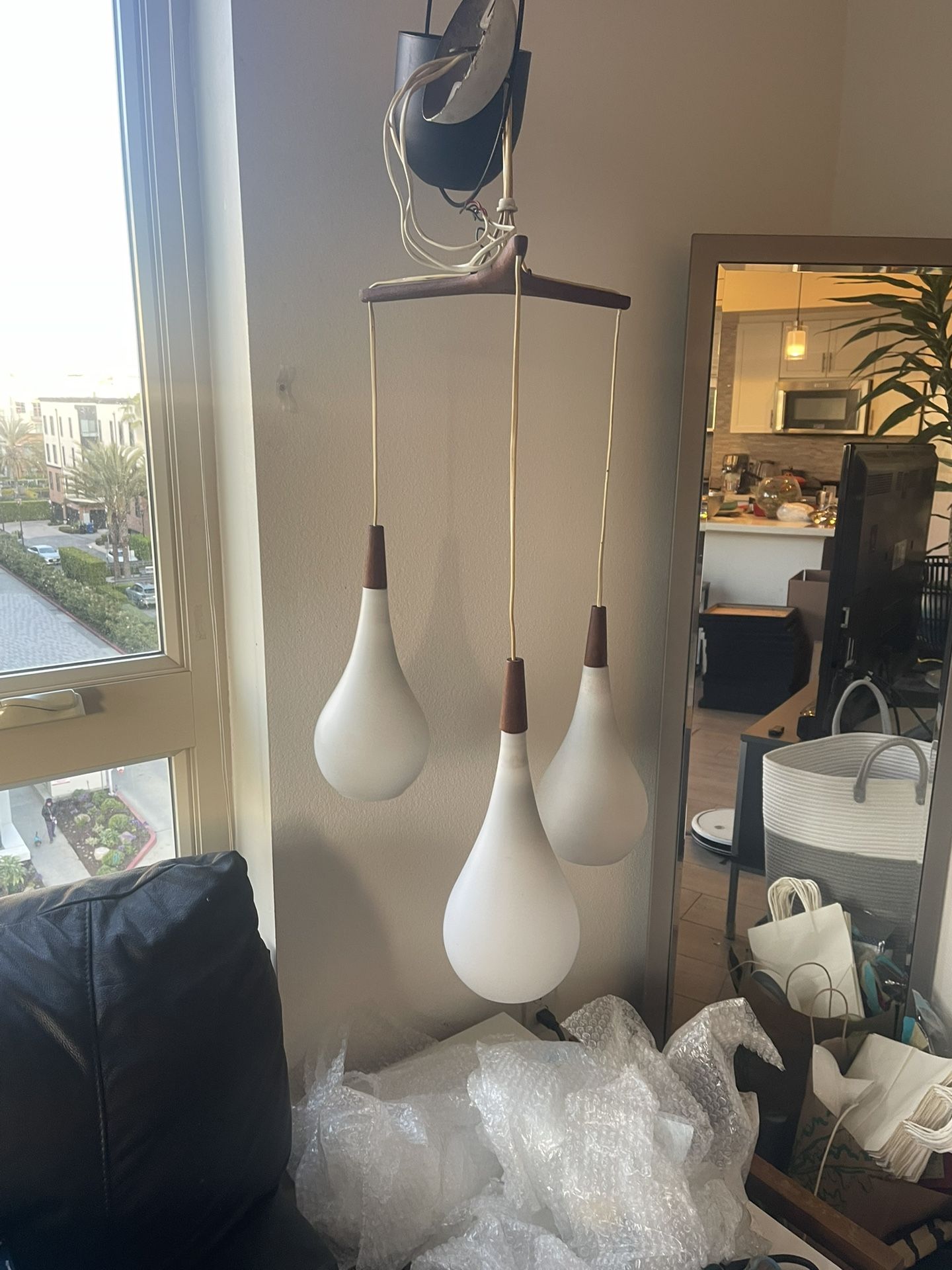 Vintage 1960s Danish Holmegaard Teak & Milk Glass Teardrop Pendant Light