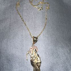 14k Santa Muerte Pendant With 18k Singapore Rope 