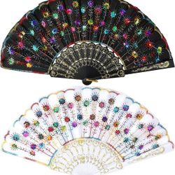 Sequin Fabric Embroidered Flower Lace Trim Peacock Folding Fans 2 Pc 