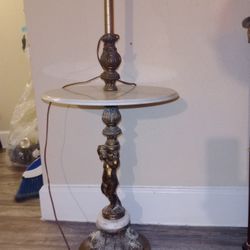 Vintage Brass Putto Baroque Cherub Statue Lamp & Marble Side Table