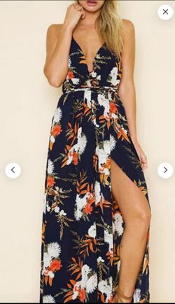 Navy Floral V-Neck Side-Slit Maxi Dress Women's Size Small