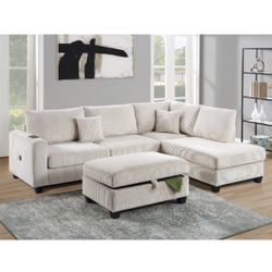 Ivory Corduroy Sectional With Storage Ottoman And Pillows Included Brand New In Box Firm Price $499 Assembly Required 
