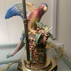 Mojolica Pair Of  Porcelain Bird Lamps, With Brass Base