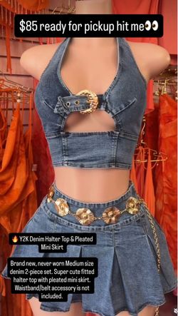 🔥 Y2K Denim Halter Top & Pleated Mini Skirt