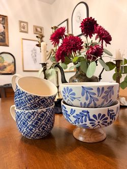 Set of 4 Hand-Painted Blue & White Ceramic Bowls and Mugs