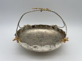 Vintage Silver-plated Bride's Basket Decor w/Gold Gilt Florals, Marked