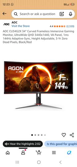 AOC CU34G2X 34" Curved Frameless Immersive Gaming Monitor, UltraWide QHD 3440x1440