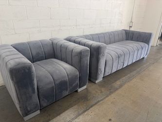 Gray Velvet Channel-Tufted Sofa Set