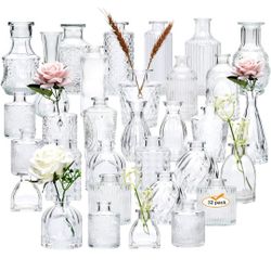 Set of 32 Bud Vases for Flowers, Small Vintage Glass Bottles for Rustic Wedding Centerpieces and Home Decor

