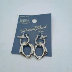 Silver Tone Geometric Drop Hoop Earrings