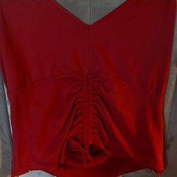 Red Ruched V-Neck Top – Size L