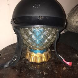 Black Motorcycle Half Helmet With Airbrush Skull On Back 