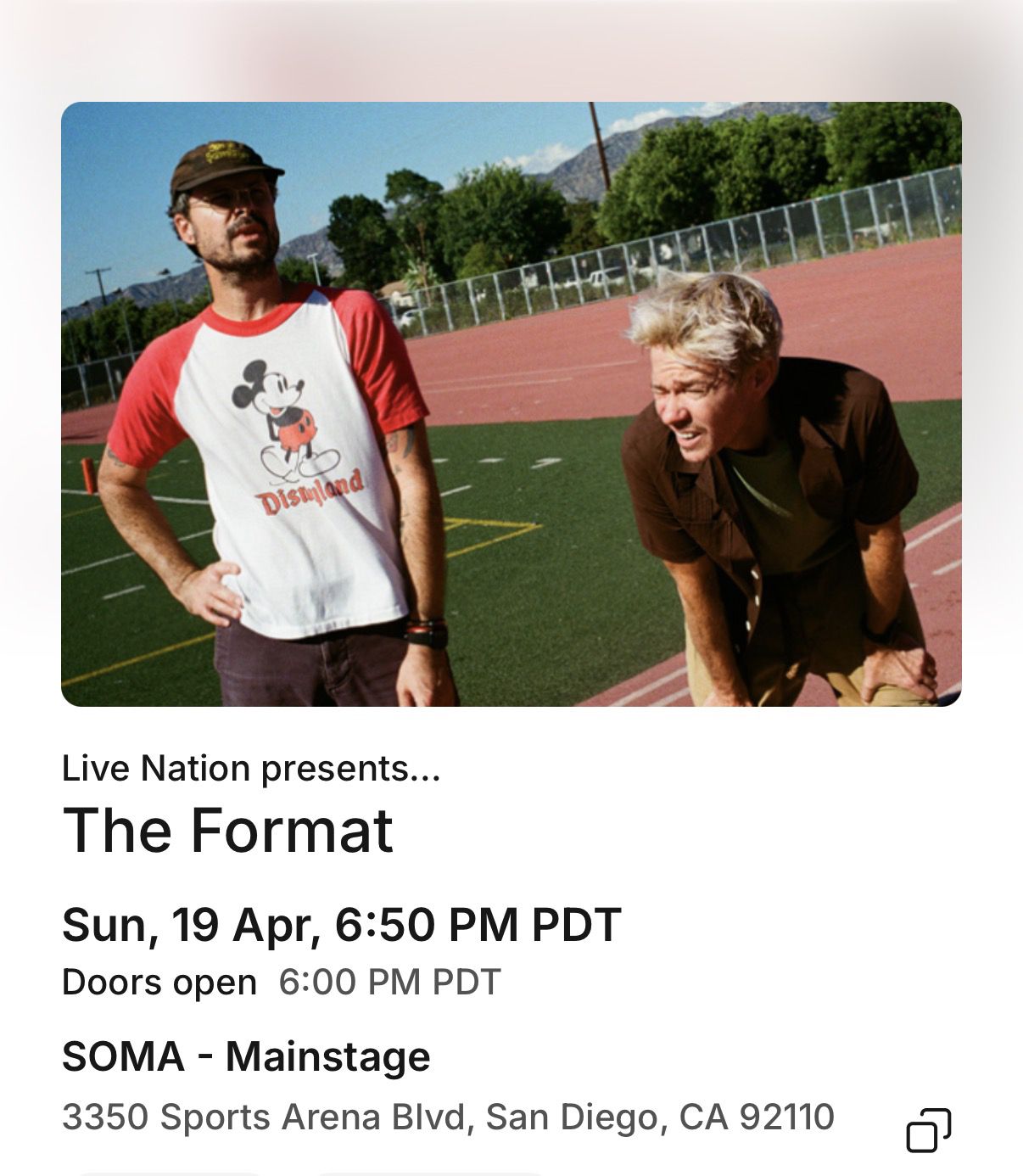 The Format - 2 tickets Soma MainStage