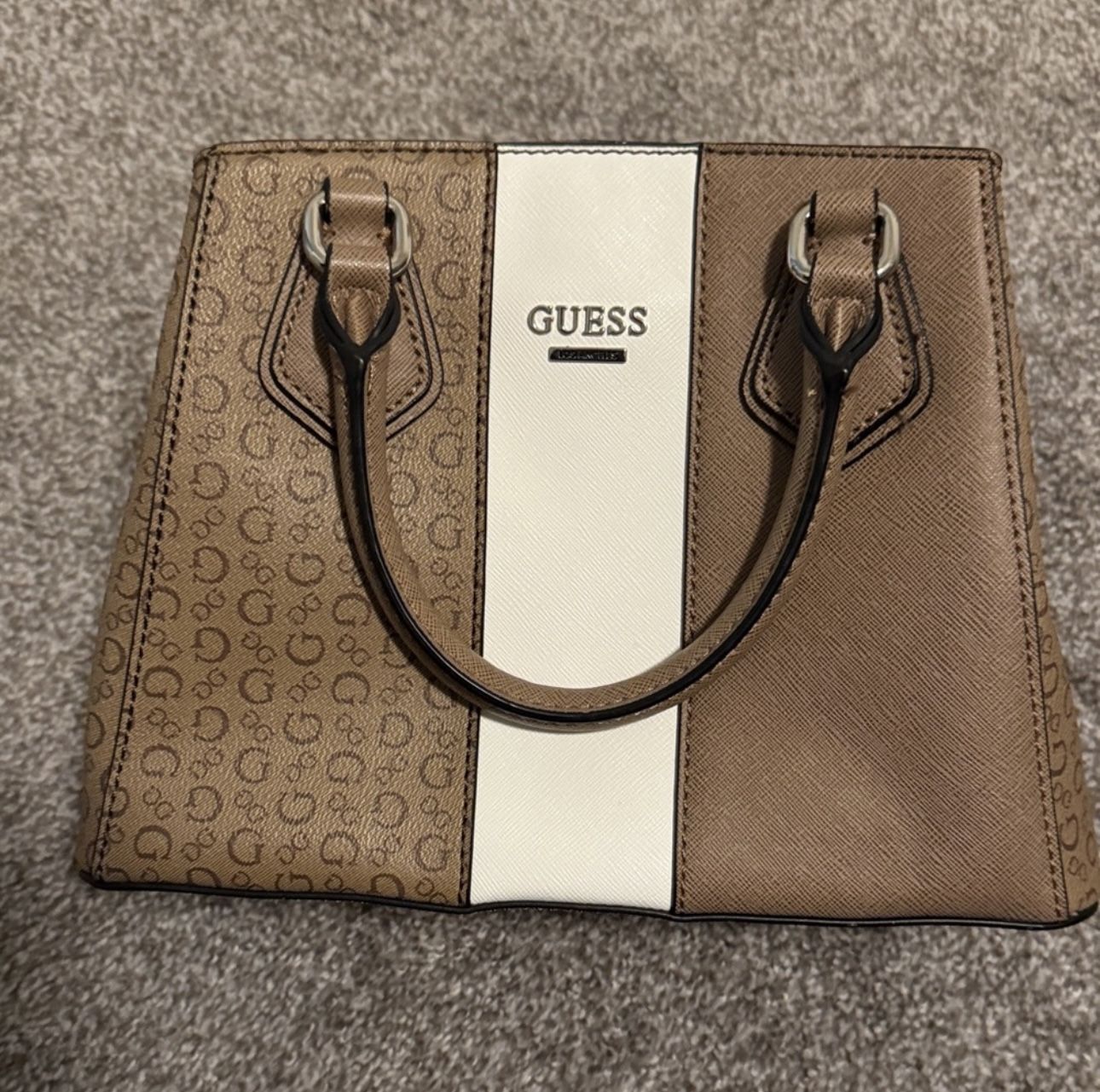 Guess Brown and Cream Satchel with Monogram Design