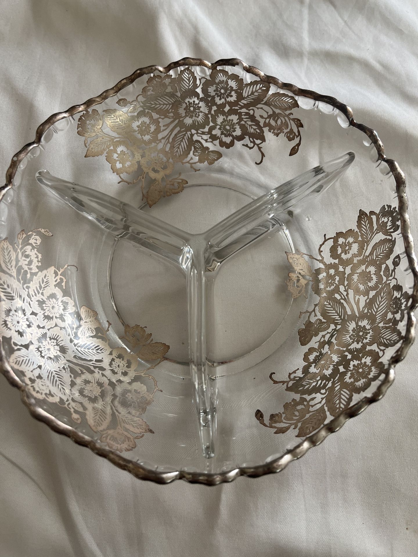 Vintage glass Candy/jewel Bowl with Floral Design approx H1”W6.1/4