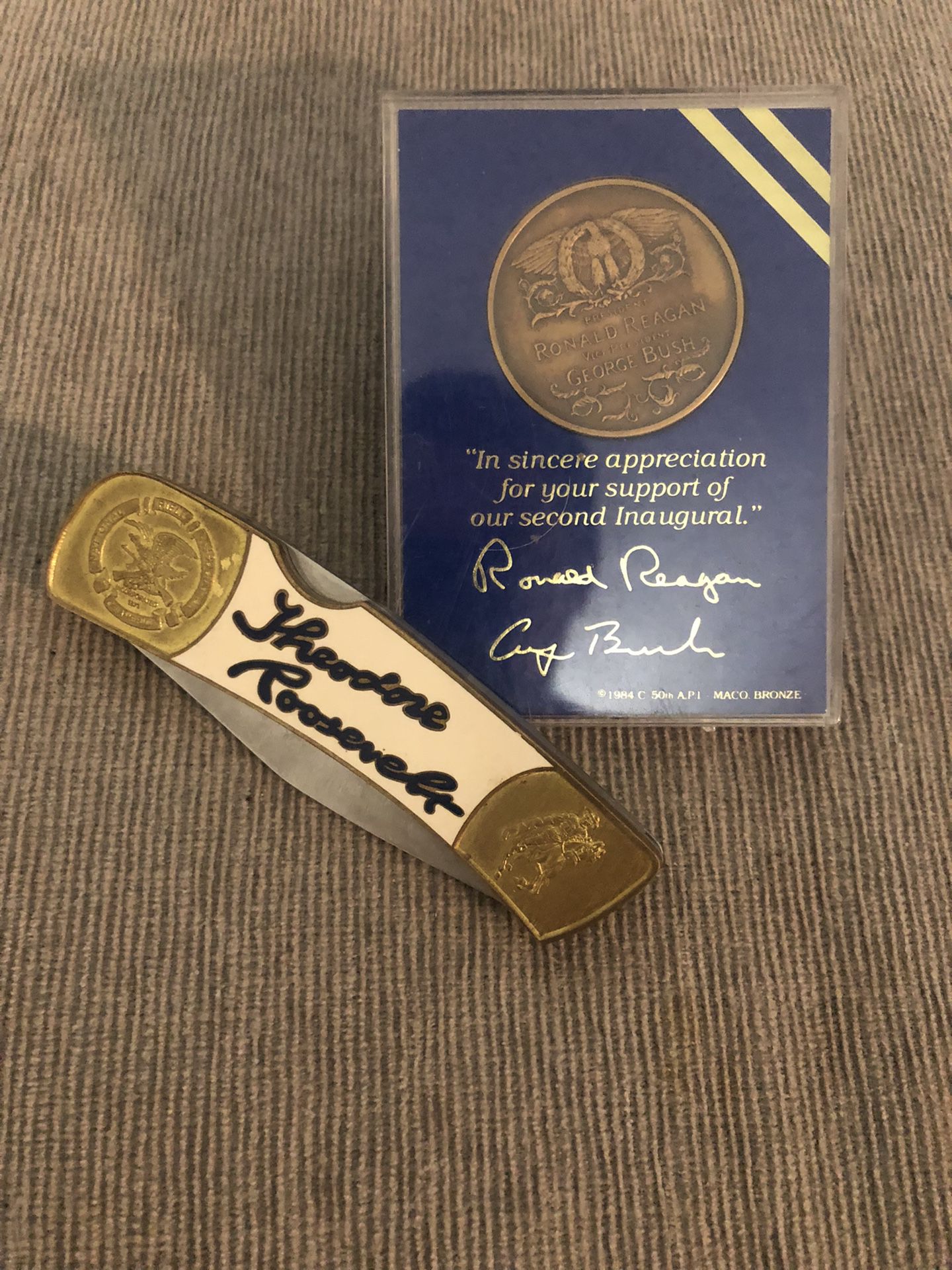 Ronald Reagan And George Bush Inaugural Coin And NRA Limited Edition Teddy Roosavelt Folding Knife