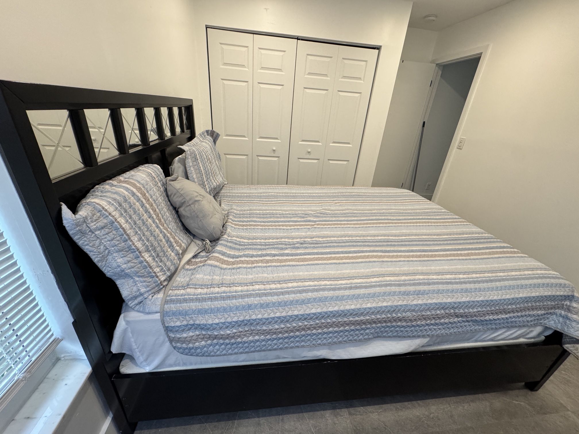Queen Size Bed Frame With Mirror Headboard In Walnut Color