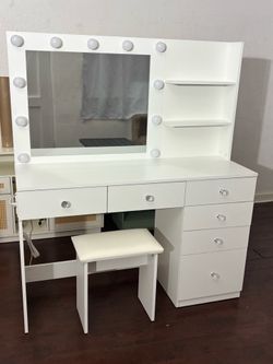 Makeup Vanity Desk with Mirror, Storage Shelves and 6 Drawers, 3-Color Light, Makeup Desk Set with Stool for Bedroom, White