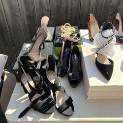 Collection of new and used women’s high heels, including designer brands