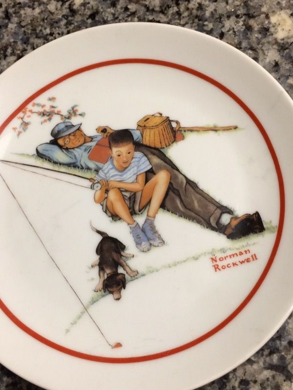 Norman Rockwell plate "Waiting for Dinner". Father son fishing