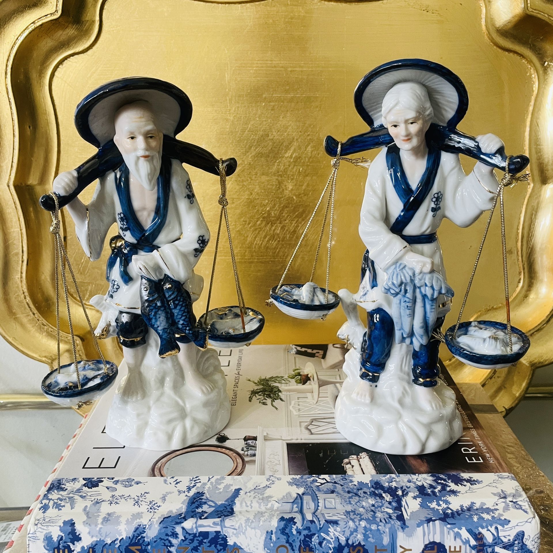 Vintage 8” H Chinese Fisherman Couple/Blue and White Porcelain Figurine Statues - Pair